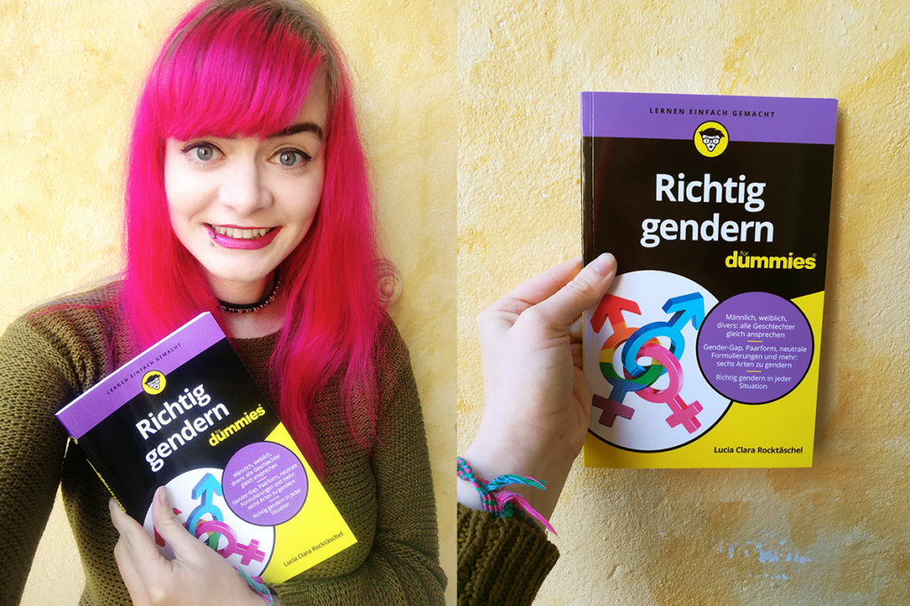 Zwei Bilder: Links hält Lucia ihr Buch „Richtig gendern für Dummies“ in der Hand und grinst aufgeregt in die Kamera. Rechts ist das Buch noch einmal von Nahem zu sehen.