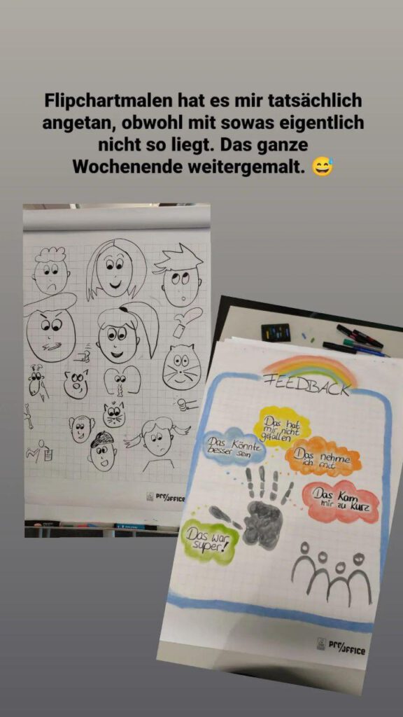 Zwei Flipcharts mit Gesichterzeichnungen und dem 5-Finger-Feedback. Darüber der Text: Flipchartmalen hat es mir tatsächlich angetan, obwohl mir sowas eigentlich nicht so liegt. Das ganze Wochenende weitergemalt.