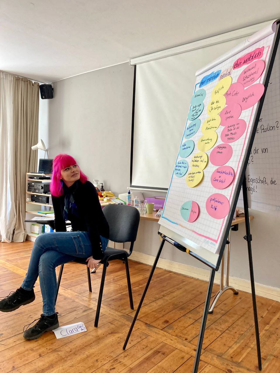 Lucia bei einem Präsenzworkshop. Sie sitzt auf einem Stuhl und bespricht ein Flipchart mit den Teilnehmenden.